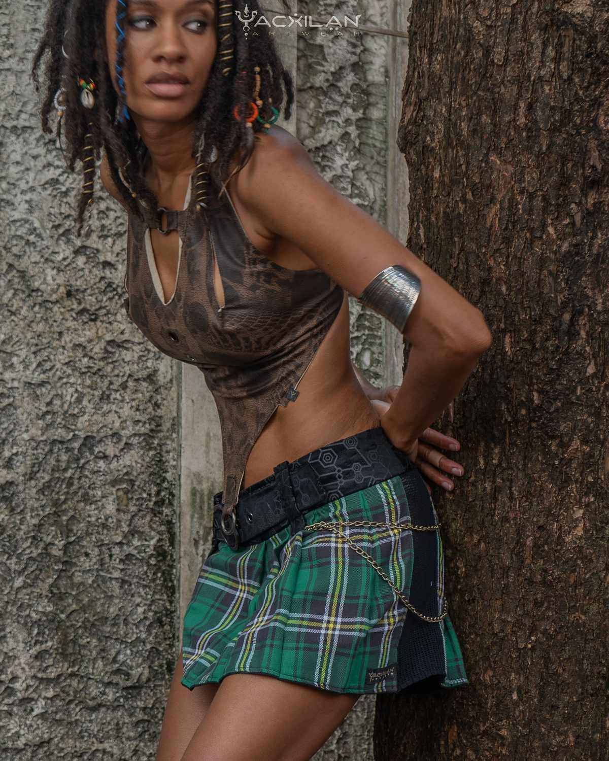 Kilt Black Velvet SHAMANKA Green Tartann, Corset Fake Leather, Brown Dots SANDOKAN